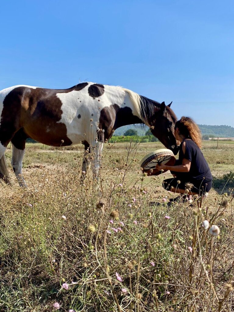 Femme agenouillée devant un cheval pie, jouant d'un tambour chamanique dans un champ sous un ciel bleu, entourée de fleurs sauvages.