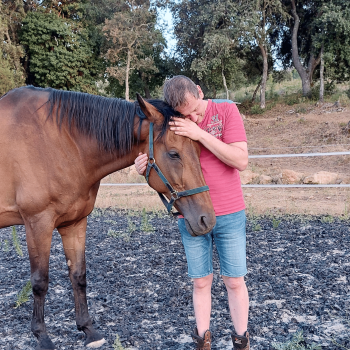 Homme exprimant un moment de connexion émotionnelle avec un cheval dans un enclos, symbolisant la relation profonde entre l'humain et l'animal dans une session d'équi-coaching holistique.